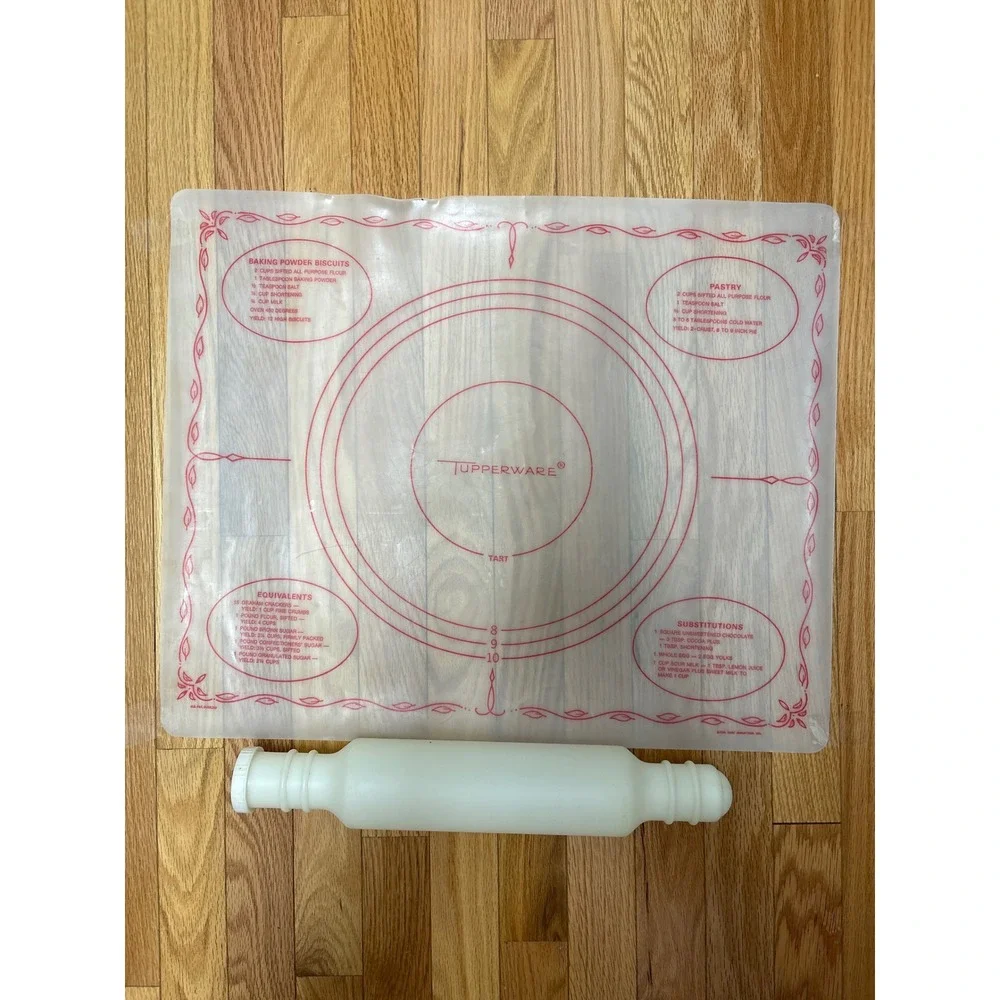 Vintage Tupperware Pastry Mat and Fillable Rolling Pin Set White Red MCM 1966